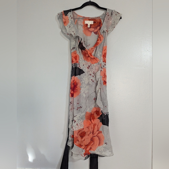 Moulinette Soeurs 100% Silk Asymmetrical Wrap Dress Floral Ruffle Sz 4 - Picture 2 of 8